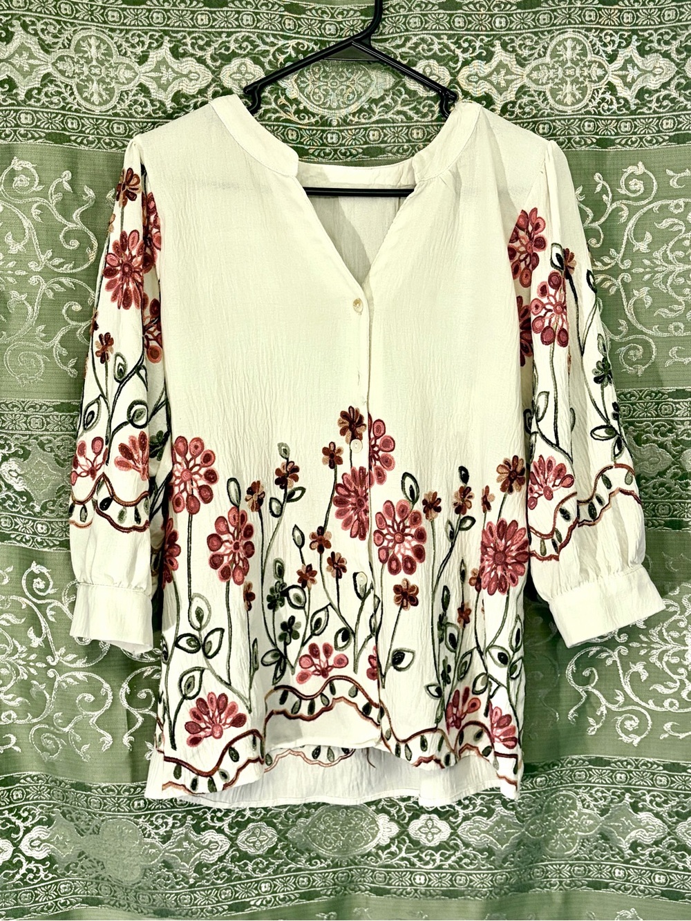 Embroidered White Floral Peasant Blouse